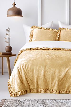 Kadife Yatak Örtüsü Ç.K Set 230x250 Hardal