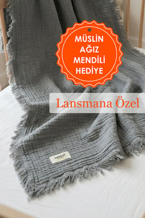 Bebek 4 Katlı Müslin Pike Örtü %100 Pamuk 2'li Ağız Bezi Hediyeli Yenidoğan 85x100 Battaniye Gri
