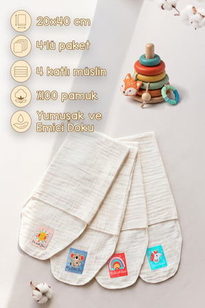 4lü %100 Pamuk Anne Omuz Bezi 20x40 cm 4 Katlı Müslin Yumuşak Emici Bebek Ağız Gaz Çıkarma Bezi Ekru