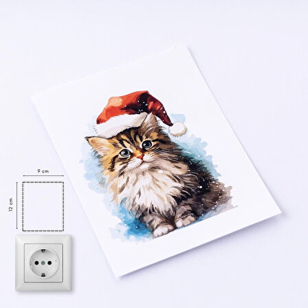 Yılbaşı priz sticker 9x12 cm, Noel Şapkalı Kedi  15 adet