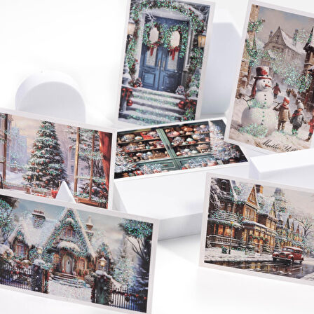 Simli kartpostal, yılbaşı, kış sokakları  Set (6 adet)