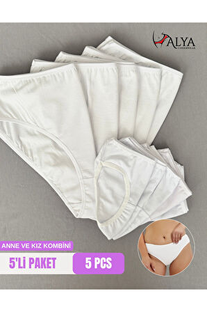 ALYA UNDERWEAR Anne Kız Kombin Pamuklu Külot - Beyaz Slip İç Çamaşırı - 5'li Paket