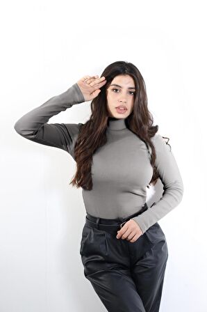 Kaşkorse Tam Boğazlı Body Sweatshirt, Açık Gri