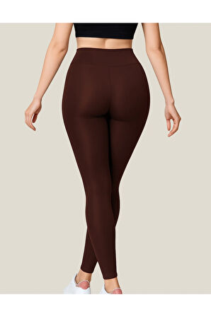 ALYA UNDERWEAR Toparlayıcı Yüksek Bel Kadın Günlük Spor Rahat Parlak Tayt ( Kahverengi, S )