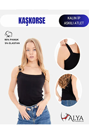 ALYA UNDERWEAR Kaşkorse Kalın Ip Askılı Atlet, Fitilli Kumaş, Likralı, Siyah, 931, S