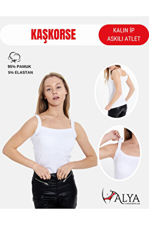 ALYA UNDERWEAR Kaşkorse Kalın İp Askılı  Atlet, Fitilli Kumaş, Likralı , Beyaz, 931, S
