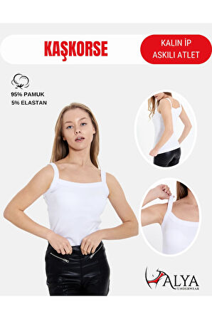 ALYA UNDERWEAR Kaşkorse Kalın İp Askılı  Atlet, Fitilli Kumaş, Likralı , Beyaz, 931, L