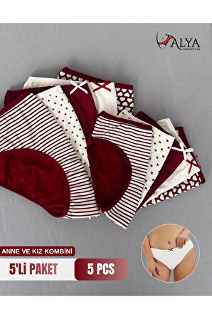 ALYA UNDERWEAR Anne Kız Kombin Pamuklu Külot - Beyaz Slip İç Çamaşırı - 5'li Paket