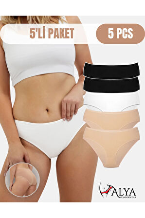 ALYA UNDERWEAR Kadın Pamuklu Bato / Hipster Külot 5'li Paket - 2 Adet Siyah, 1 Adet Beyaz, 2 Adet Ten