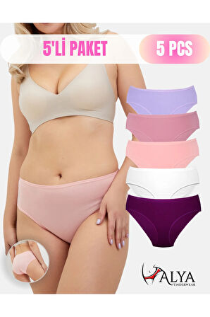 ALYA UNDERWEAR Kadın Pamuklu, Renkli Bato / Hipster Slip Külot- Fuşya, Lila, Gül Kurusu, Somon, Ekru 5'li Paket