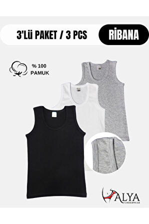 ALYA UNDERWEAR Erkek Çocuk Pamuk Ribana Atlet Oval Yaka 3'lü Paket - 1 Ad. Siyah - 1 Ad Beyaz - 1 Adet Gri Melanj ( 3-4 Yaş )