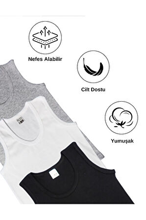 ALYA UNDERWEAR Erkek Çocuk Pamuk Ribana Atlet Oval Yaka 3'lü Paket - 1 Ad. Siyah - 1 Ad Beyaz - 1 Adet Gri Melanj ( 7-8 Yaş )