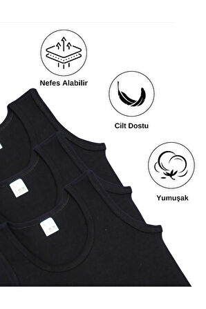 ALYA UNDERWEAR Erkek Çocuk Pamuk Ribana Atlet Oval Yaka 3'lü Paket - 3 Adet Siyah ( 9-10 Yaş )