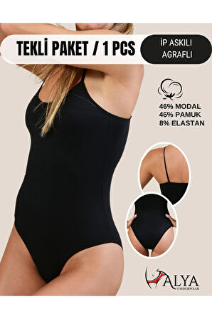 ALYA UNDERWEAR Kadın Ip Askılı Çıtçıtlı Body, Yumuşak Modal - Pamuk Karışımlı, Kancalı Bodysuit, 1 Ad. Siyah