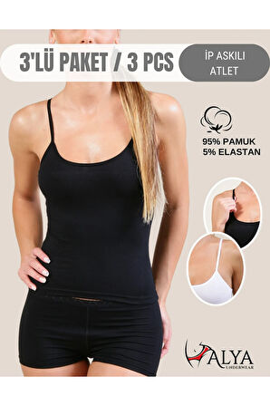 Kadın Pamuklu Ip Askılı Oval Yaka Atlet ( 3'lü, Siyah, Beyaz, Ten - M )