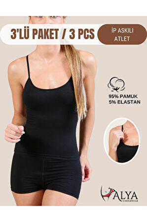 Kadın Pamuklu Ip Askılı Oval Yaka Atlet ( 3'lü, 3 Adet Siyah - L )