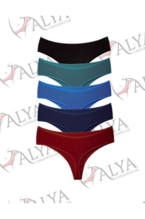 ALYA UNDERWEAR Kadın Yüksek Bel, Toparlayıcı, Tanga Külotlar -  5'li Paket Bordo, Siyah , Lacivert, K Yeşil, İndigo