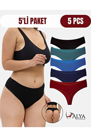 ALYA UNDERWEAR Kadın Yüksek Bel, Toparlayıcı, Tanga Külotlar -  5'li Paket Bordo, Siyah , Lacivert, K Yeşil, İndigo