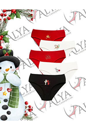 ALYA UNDERWEAR Kadın Renkli Yeni Yıl Baskılı, Kırmızı Slip Külot, Yılbaşı Temalı Pamuklu Iç Çamaşırı -  5'li Paket