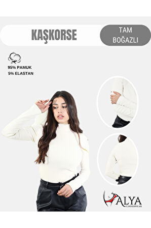 ALYA UNDERWEAR Kaşkorse Tam Boğazlı Body Sweatshirt, Fitilli Kumaş, Likralı, Gül Kurusu