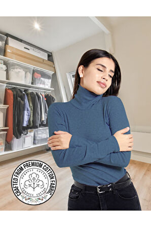 ALYA UNDERWEAR Kaşkorse Tam Boğazlı Body Sweatshirt, Fitilli Kumaş, Likralı, Gül Kurusu