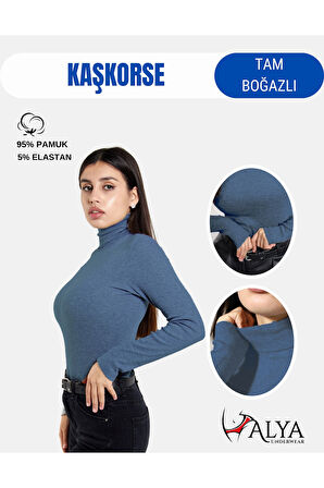 ALYA UNDERWEAR Kaşkorse Tam Boğazlı Body Sweatshirt, Fitilli Kumaş, Likralı, Gül Kurusu
