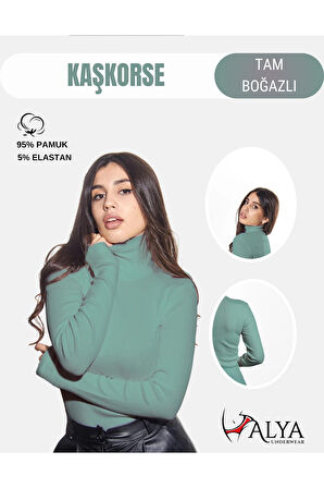 ALYA UNDERWEAR Kaşkorse Tam Boğazlı Body Sweatshirt, Fitilli Kumaş, Likralı, Gül Kurusu