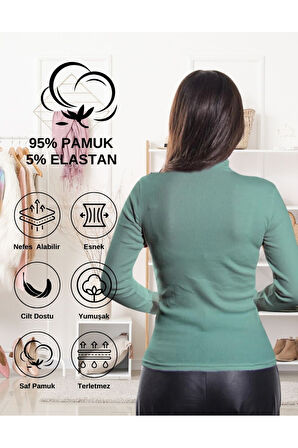 ALYA UNDERWEAR Kaşkorse Tam Boğazlı Body Sweatshirt, Fitilli Kumaş, Likralı, Gül Kurusu