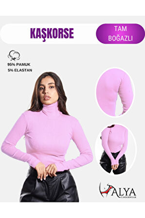 ALYA UNDERWEAR Kaşkorse Tam Boğazlı Body Sweatshirt, Fitilli Kumaş, Likralı, Gül Kurusu