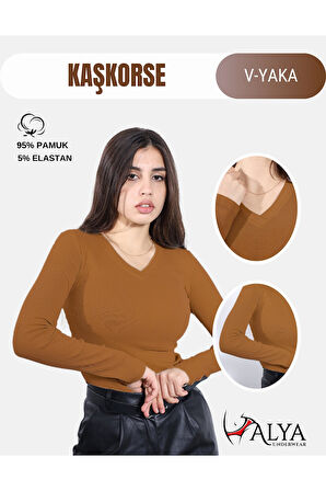 ALYA UNDERWEAR Pamuklu Kaşkorse V Yaka Body Sweatshirt, Fitilli Kumaş Likralı Bluz, Asker Yeşili Badi