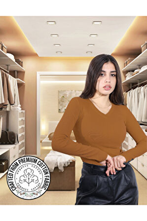 ALYA UNDERWEAR Pamuklu Kaşkorse V Yaka Body Sweatshirt, Fitilli Kumaş Likralı Bluz, Asker Yeşili Badi