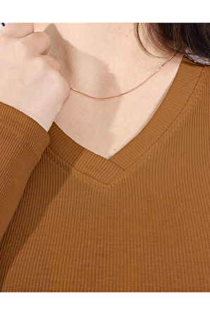 ALYA UNDERWEAR Pamuklu Kaşkorse V Yaka Body Sweatshirt, Fitilli Kumaş Likralı Bluz, Asker Yeşili Badi