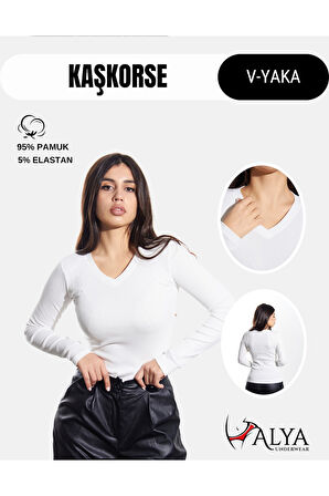 ALYA UNDERWEAR Pamuklu Kaşkorse V Yaka Body Sweatshirt, Fitilli Kumaş Likralı Bluz, Asker Yeşili Badi