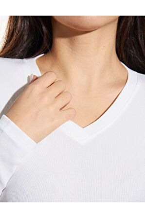 ALYA UNDERWEAR Pamuklu Kaşkorse V Yaka Body Sweatshirt, Fitilli Kumaş Likralı Bluz, Asker Yeşili Badi