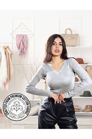 ALYA UNDERWEAR Pamuklu Kaşkorse V Yaka Body Sweatshirt, Fitilli Kumaş Likralı Bluz, Asker Yeşili Badi