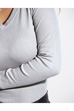 ALYA UNDERWEAR Pamuklu Kaşkorse V Yaka Body Sweatshirt, Fitilli Kumaş Likralı Bluz, Asker Yeşili Badi