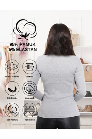 ALYA UNDERWEAR Pamuklu Kaşkorse V Yaka Body Sweatshirt, Fitilli Kumaş Likralı Bluz, Badi