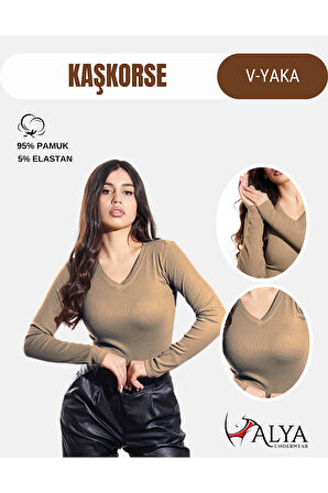 ALYA UNDERWEAR Pamuklu Kaşkorse V Yaka Body Sweatshirt, Fitilli Kumaş Likralı Bluz, Asker Yeşili Badi