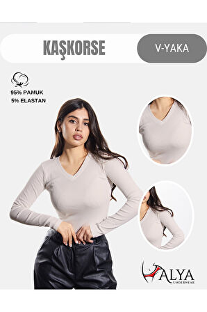 ALYA UNDERWEAR Pamuklu Kaşkorse V Yaka Body Sweatshirt, Fitilli Kumaş Likralı Bluz, Asker Yeşili Badi