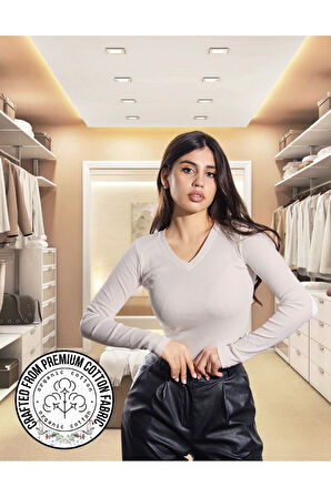 ALYA UNDERWEAR Pamuklu Kaşkorse V Yaka Body Sweatshirt, Fitilli Kumaş Likralı Bluz, Asker Yeşili Badi