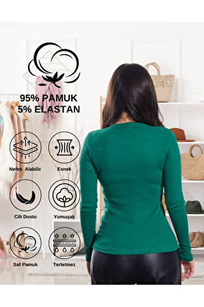 ALYA UNDERWEAR Pamuklu Kaşkorse V Yaka Body Sweatshirt, Fitilli Kumaş Likralı Bluz, Asker Yeşili Badi