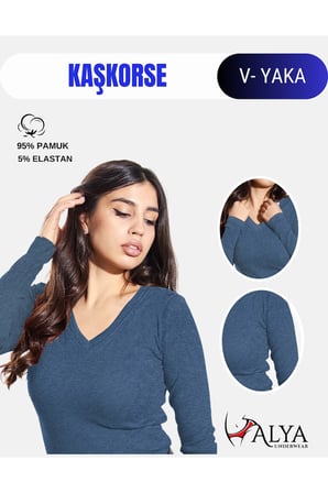 ALYA UNDERWEAR Pamuklu Kaşkorse V Yaka Body Sweatshirt, Fitilli Kumaş Likralı Bluz, Badi