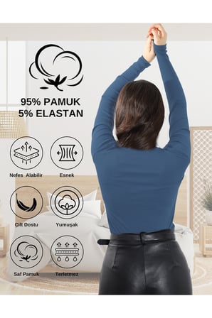 ALYA UNDERWEAR Pamuklu Kaşkorse V Yaka Body Sweatshirt, Fitilli Kumaş Likralı Bluz, Badi