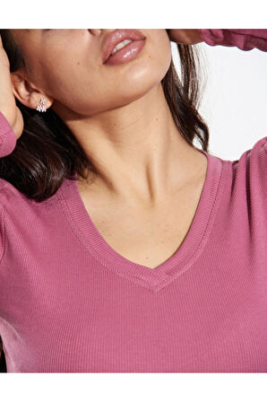 ALYA UNDERWEAR Pamuklu Kaşkorse V Yaka Body Sweatshirt, Fitilli Kumaş Likralı Bluz, Asker Yeşili Badi