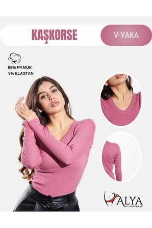 ALYA UNDERWEAR Pamuklu Kaşkorse V Yaka Body Sweatshirt, Fitilli Kumaş Likralı Bluz, Badi