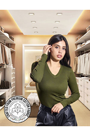 ALYA UNDERWEAR Pamuklu Kaşkorse V Yaka Body Sweatshirt, Fitilli Kumaş Likralı Bluz, Asker Yeşili Badi