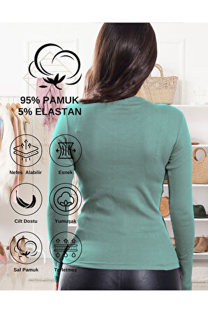 ALYA UNDERWEAR Pamuklu Kaşkorse V Yaka Body Sweatshirt, Fitilli Kumaş Likralı Bluz, Asker Yeşili Badi