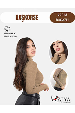 ALYA UNDERWEAR Kaşkorse Yarım Boğaz Body Sweatshirt, Fitilli Kumaş, Likralı, Bordo