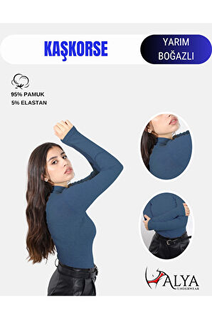 ALYA UNDERWEAR Kaşkorse Yarım Boğaz Body Sweatshirt, Fitilli Kumaş, Likralı, Bordo