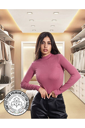 ALYA UNDERWEAR Kaşkorse Yarım Boğaz Body Sweatshirt, Fitilli Kumaş, Likralı, Bordo